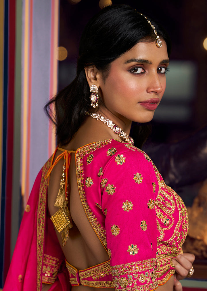 Buy Now Traditional Pink &amp; Yellow Banarasi Silk Bridal Lehenga Choli Online in US, UK, Canada, France, Italy, Germany, Sweden, Austria &amp; Worldwide at Empress.