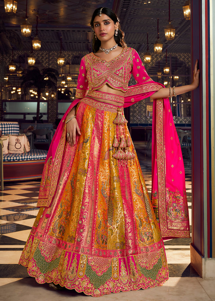 Buy Now Traditional Pink &amp; Yellow Banarasi Silk Bridal Lehenga Choli Online in US, UK, Canada, France, Italy, Germany, Sweden, Austria &amp; Worldwide at Empress.