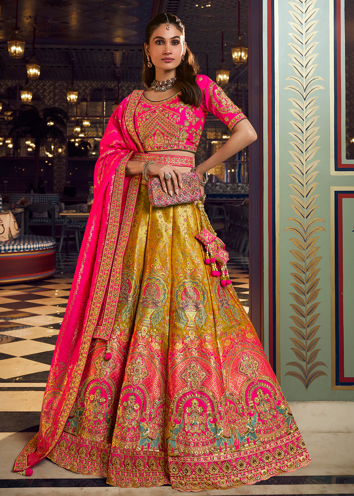 Buy Now Traditional Mustard &amp; Pink Banarasi Silk Bridal Lehenga Choli Online in US, UK, Canada, France, Italy, Germany, Sweden, Austria &amp; Worldwide at Empress.