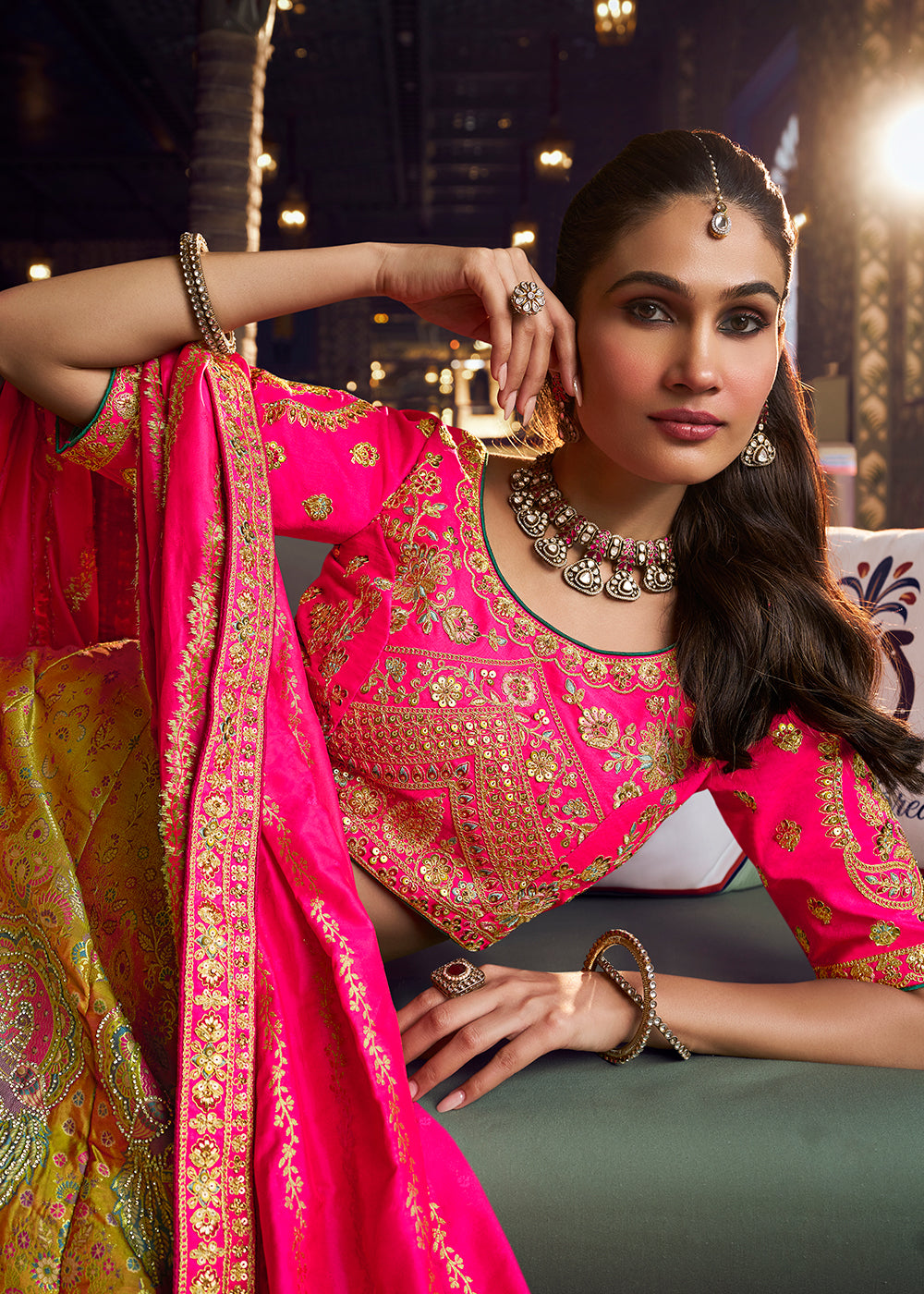 Buy Now Traditional Mustard & Pink Banarasi Silk Bridal Lehenga Choli Online in US, UK, Canada, France, Italy, Germany, Sweden, Austria & Worldwide at Empress.