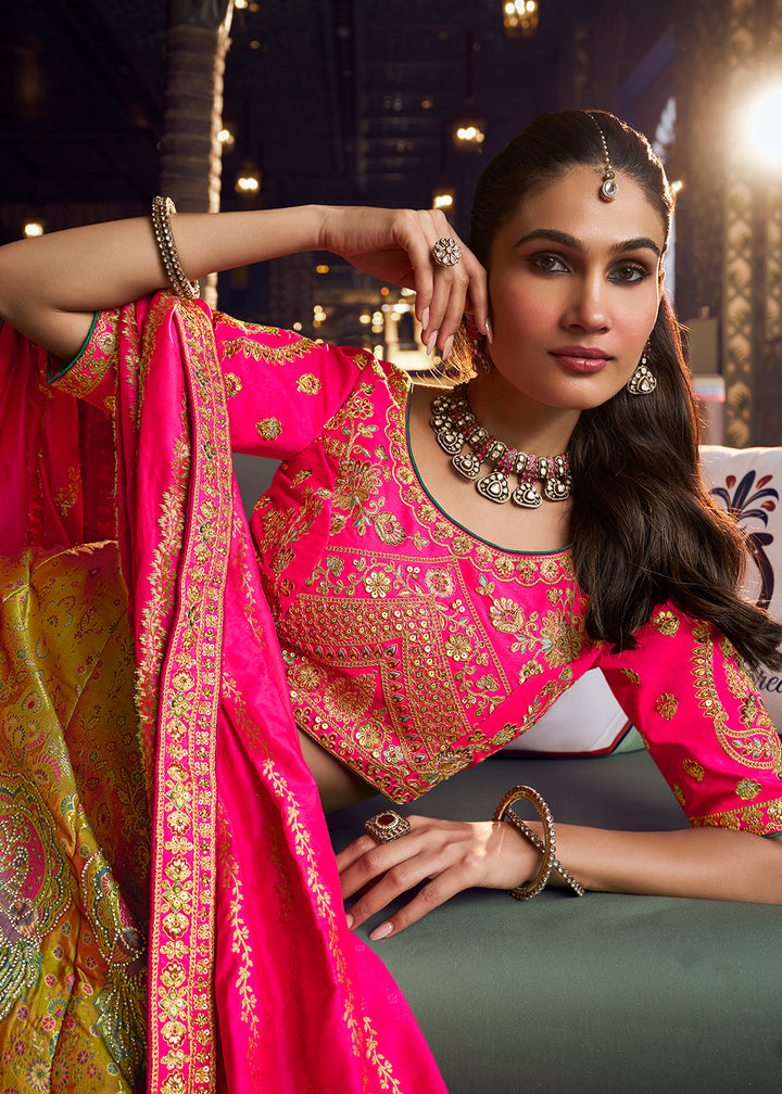 Buy Now Traditional Mustard &amp; Pink Banarasi Silk Bridal Lehenga Choli Online in US, UK, Canada, France, Italy, Germany, Sweden, Austria &amp; Worldwide at Empress.