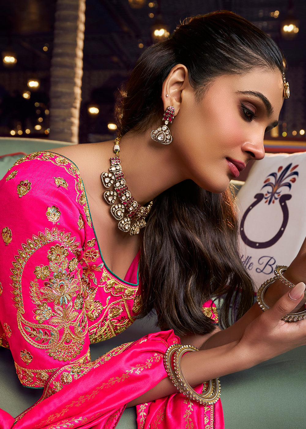 Buy Now Traditional Mustard &amp; Pink Banarasi Silk Bridal Lehenga Choli Online in US, UK, Canada, France, Italy, Germany, Sweden, Austria &amp; Worldwide at Empress.