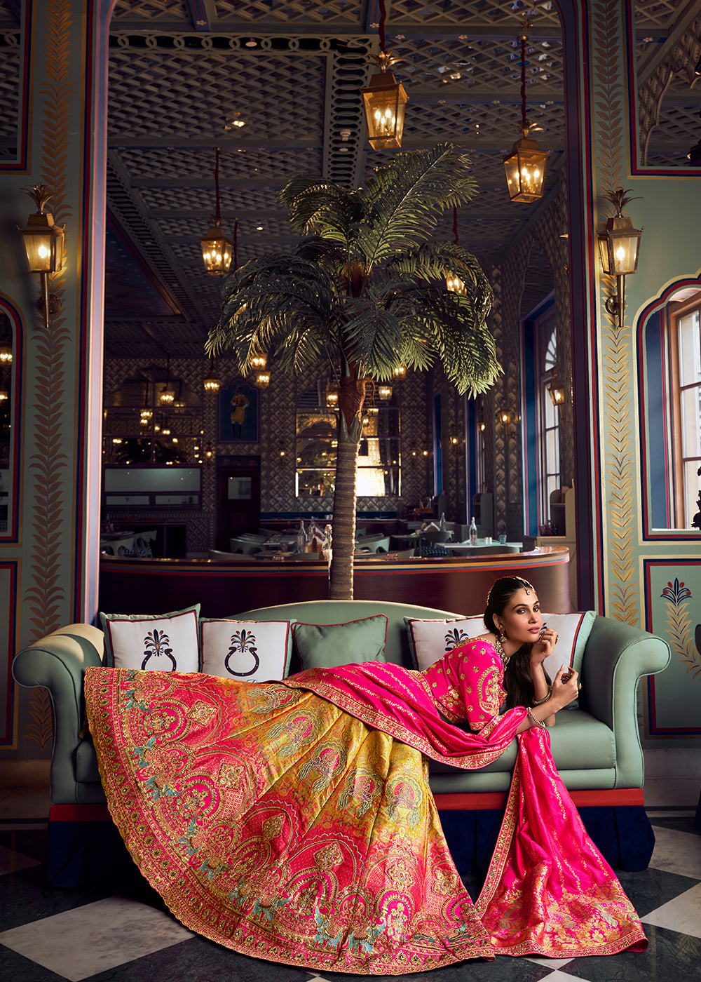 Buy Now Traditional Mustard &amp; Pink Banarasi Silk Bridal Lehenga Choli Online in US, UK, Canada, France, Italy, Germany, Sweden, Austria &amp; Worldwide at Empress.