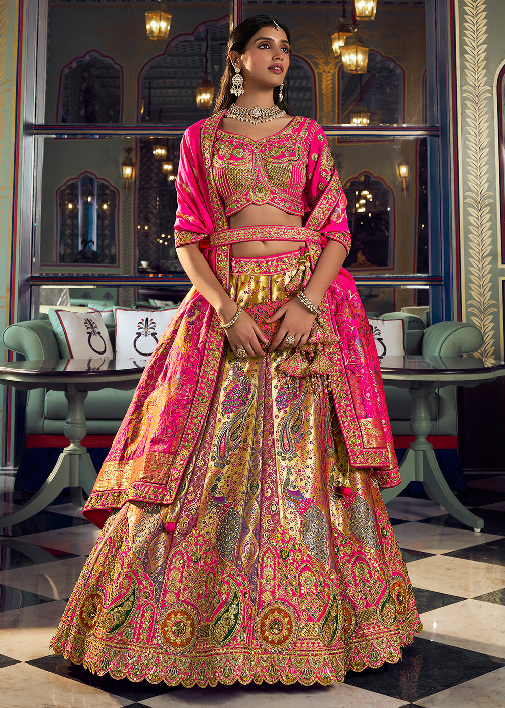 Buy Now Traditional Multicolor &amp; Pink Banarasi Silk Bridal Lehenga Choli Online in US, UK, Canada, France, Italy, Germany, Sweden, UAE &amp; Worldwide at Empress.