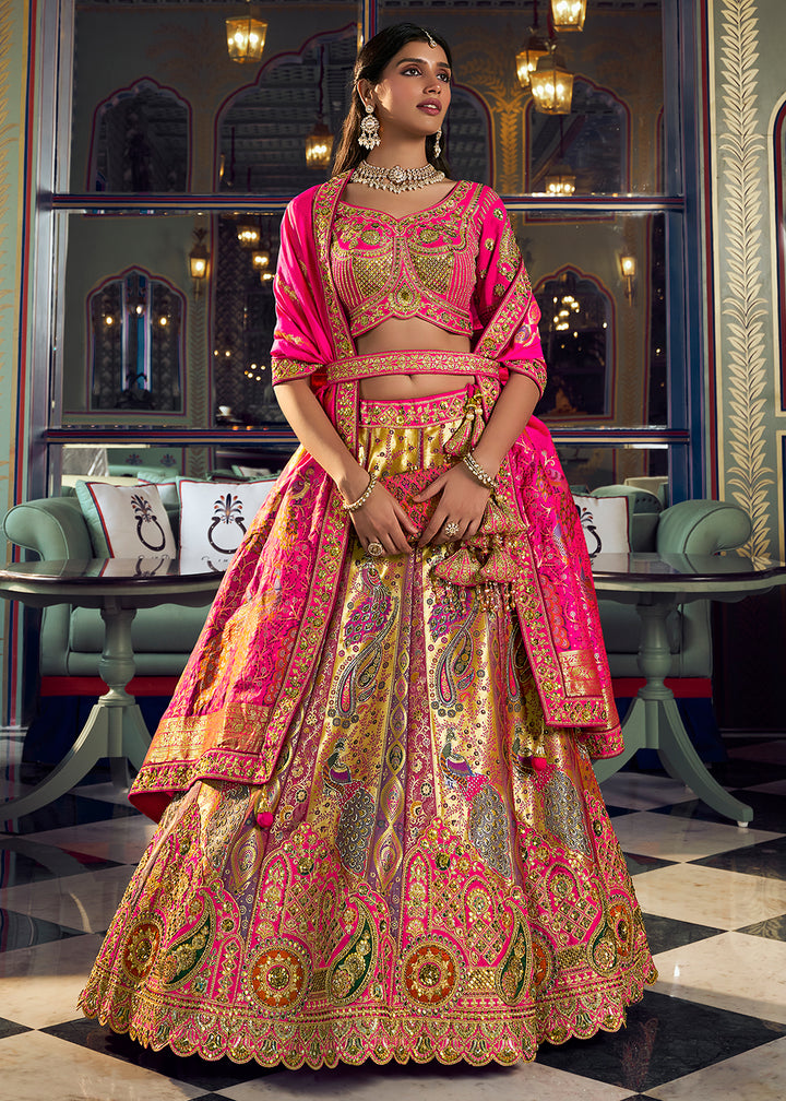 Buy Now Traditional Multicolor &amp; Pink Banarasi Silk Bridal Lehenga Choli Online in US, UK, Canada, France, Italy, Germany, Sweden, UAE &amp; Worldwide at Empress.