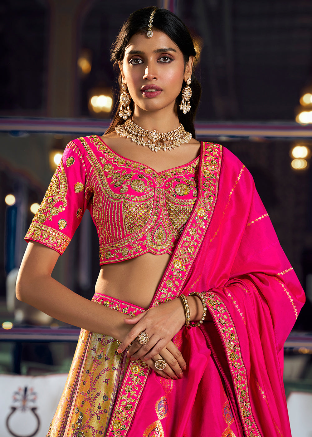 Buy Now Traditional Multicolor &amp; Pink Banarasi Silk Bridal Lehenga Choli Online in US, UK, Canada, France, Italy, Germany, Sweden, UAE &amp; Worldwide at Empress.