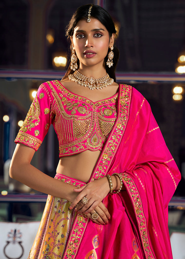 Buy Now Traditional Multicolor &amp; Pink Banarasi Silk Bridal Lehenga Choli Online in US, UK, Canada, France, Italy, Germany, Sweden, UAE &amp; Worldwide at Empress.