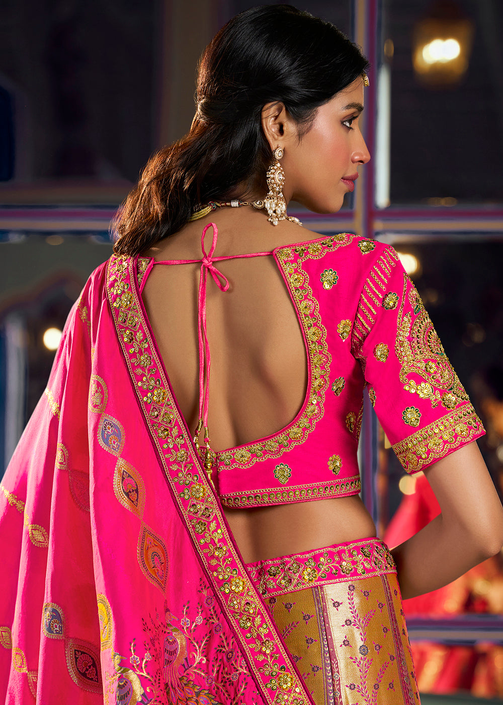 Buy Now Traditional Multicolor &amp; Pink Banarasi Silk Bridal Lehenga Choli Online in US, UK, Canada, France, Italy, Germany, Sweden, UAE &amp; Worldwide at Empress.