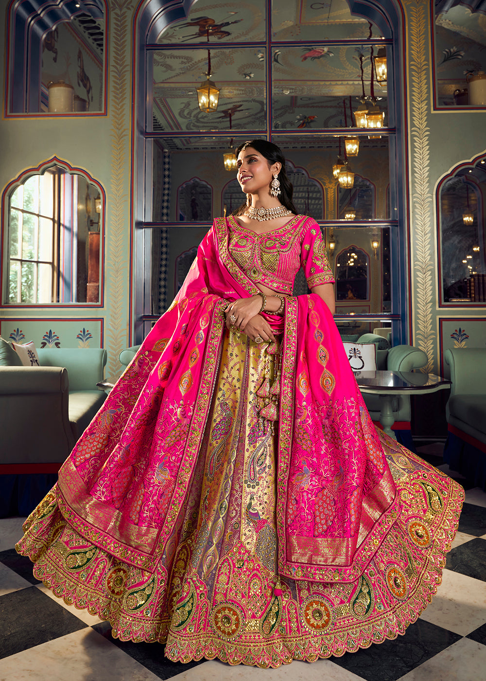 Buy Now Traditional Multicolor &amp; Pink Banarasi Silk Bridal Lehenga Choli Online in US, UK, Canada, France, Italy, Germany, Sweden, UAE &amp; Worldwide at Empress.