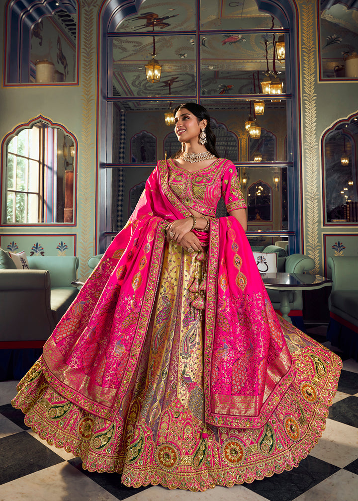 Buy Now Traditional Multicolor &amp; Pink Banarasi Silk Bridal Lehenga Choli Online in US, UK, Canada, France, Italy, Germany, Sweden, UAE &amp; Worldwide at Empress.
