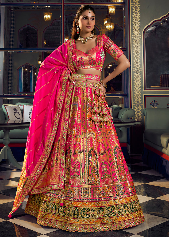 Buy Now Traditional Yellow &amp; Pink Banarasi Silk Bridal Lehenga Choli Online in US, UK, Canada, France, Italy, Germany, Sweden, Austria &amp; Worldwide at Empress.