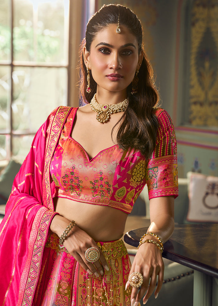 Buy Now Traditional Yellow &amp; Pink Banarasi Silk Bridal Lehenga Choli Online in US, UK, Canada, France, Italy, Germany, Sweden, Austria &amp; Worldwide at Empress.