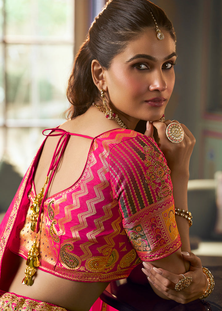 Buy Now Traditional Yellow &amp; Pink Banarasi Silk Bridal Lehenga Choli Online in US, UK, Canada, France, Italy, Germany, Sweden, Austria &amp; Worldwide at Empress.