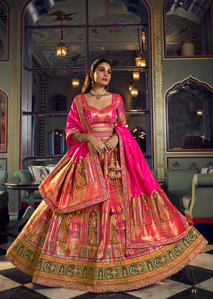 Buy Now Traditional Yellow &amp; Pink Banarasi Silk Bridal Lehenga Choli Online in US, UK, Canada, France, Italy, Germany, Sweden, Austria &amp; Worldwide at Empress.