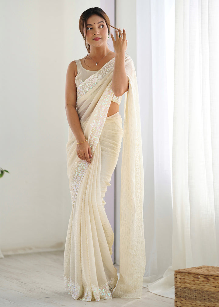 Buy Cream Georgette Designer Sequins Work Party Wear Saree Online in USA, UK, Canada, Spain, France, Germany, Italy, Austria, UAE, Qatar & Worldwide at Empress.