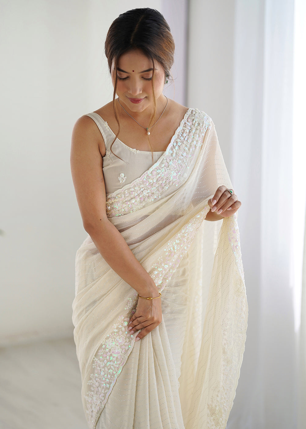 Buy Cream Georgette Designer Sequins Work Party Wear Saree Online in USA, UK, Canada, Spain, France, Germany, Italy, Austria, UAE, Qatar & Worldwide at Empress.