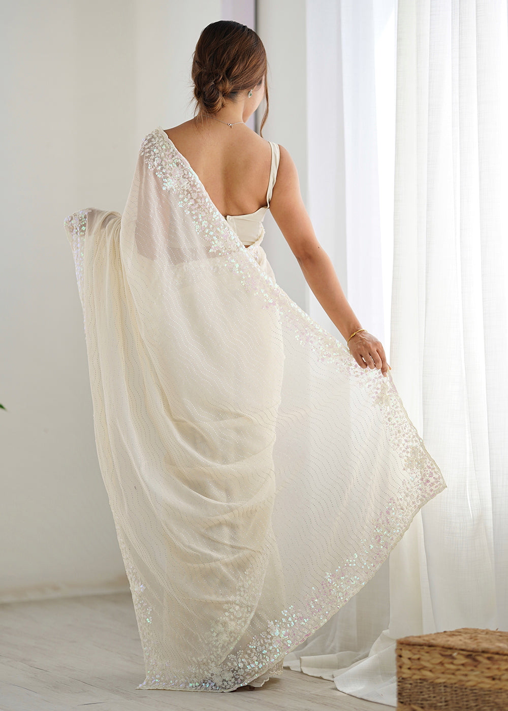 Buy Cream Georgette Designer Sequins Work Party Wear Saree Online in USA, UK, Canada, Spain, France, Germany, Italy, Austria, UAE, Qatar & Worldwide at Empress.