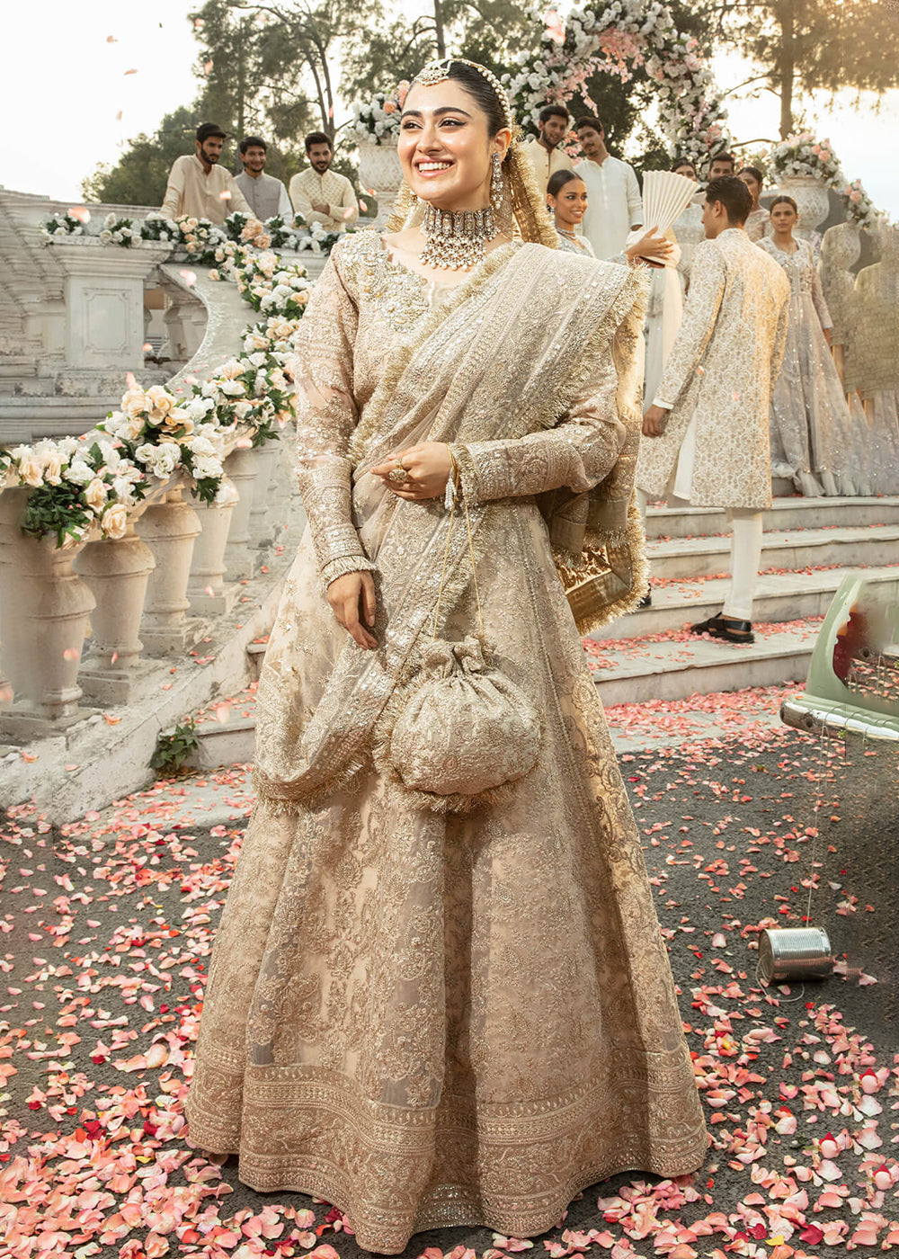 golden dress pakistani Golden Pakistani Bridal Dress in Gharara Kameez Style Nameera by Farooq