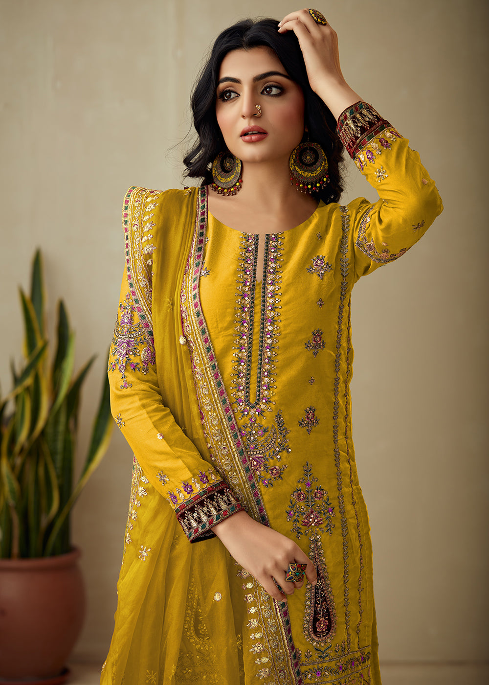 Buy Now Bright Yellow Organza Embroidered Traditional Salwar Kameez Online in USA, UK, Canada, Germany, Australia & Worldwide at Empress Clothing. 