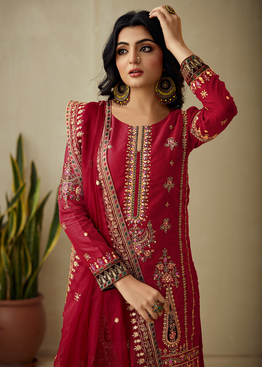 Buy Now Vivid Red Organza Embroidered Traditional Salwar Kameez Online in USA, UK, Canada, Germany, Australia & Worldwide at Empress Clothing