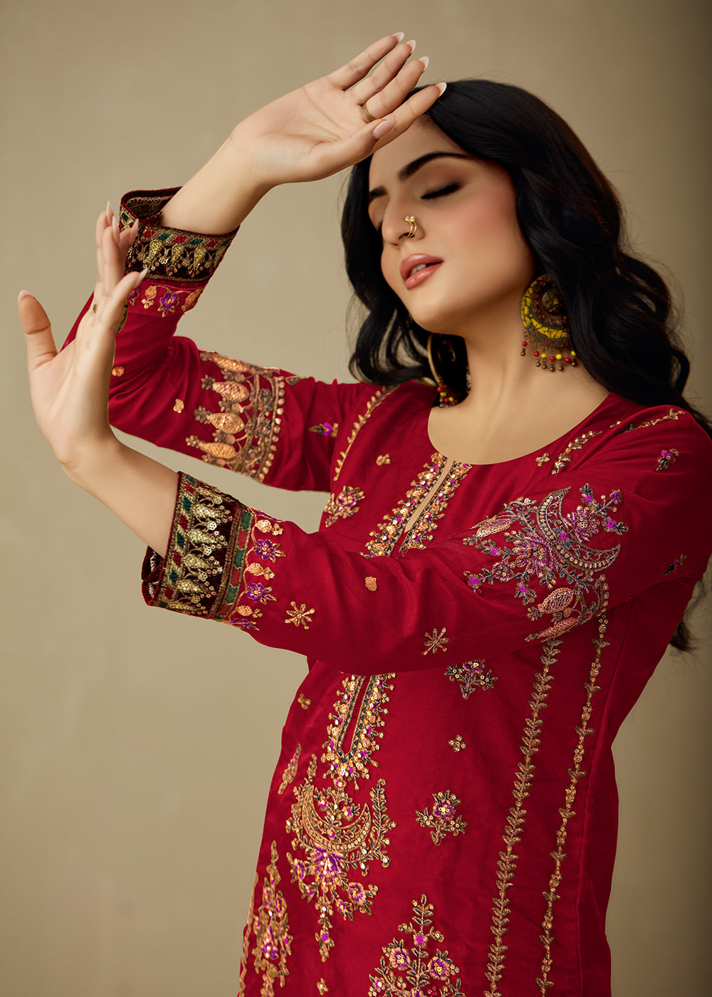 Buy Now Vivid Red Organza Embroidered Traditional Salwar Kameez Online in USA, UK, Canada, Germany, Australia & Worldwide at Empress Clothing
