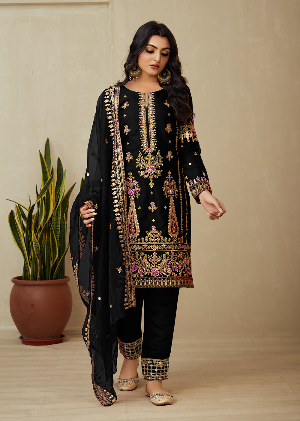 Buy Now Pure Black Organza Embroidered Traditional Salwar Kameez Online in USA, UK, Canada, Germany, Australia & Worldwide at Empress Clothing. 