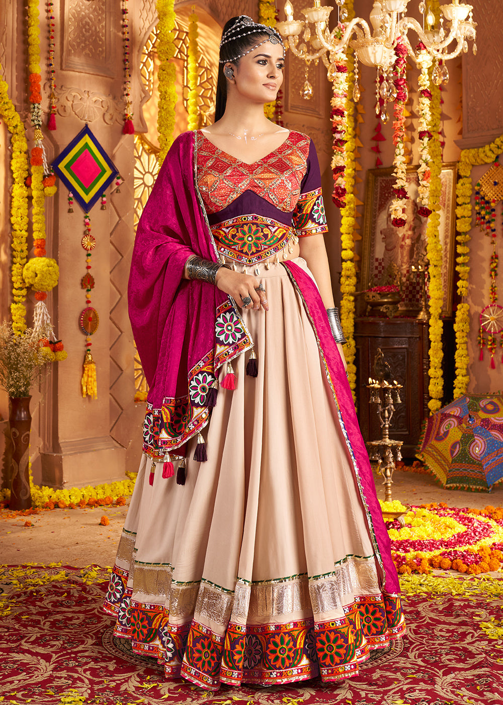 Buy Now Beige Viscose Rayon Embroidered Navratri Chaniya Choli Online in US, UK, Canada, France, Germany, Italy, Singapore, UAE & Worldwide at Empress Clothing.