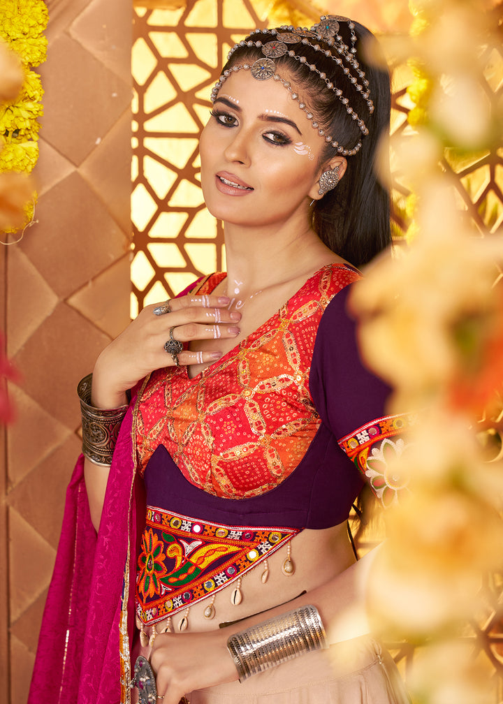 Buy Now Beige Viscose Rayon Embroidered Navratri Chaniya Choli Online in US, UK, Canada, France, Germany, Italy, Singapore, UAE & Worldwide at Empress Clothing.