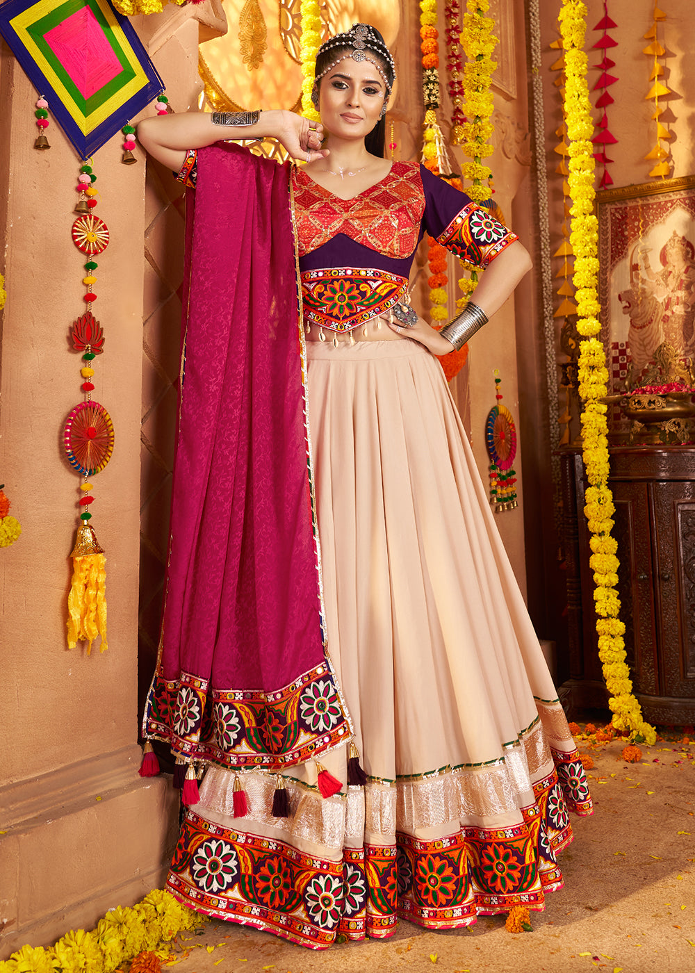 Buy Now Beige Viscose Rayon Embroidered Navratri Chaniya Choli Online in US, UK, Canada, France, Germany, Italy, Singapore, UAE & Worldwide at Empress Clothing.