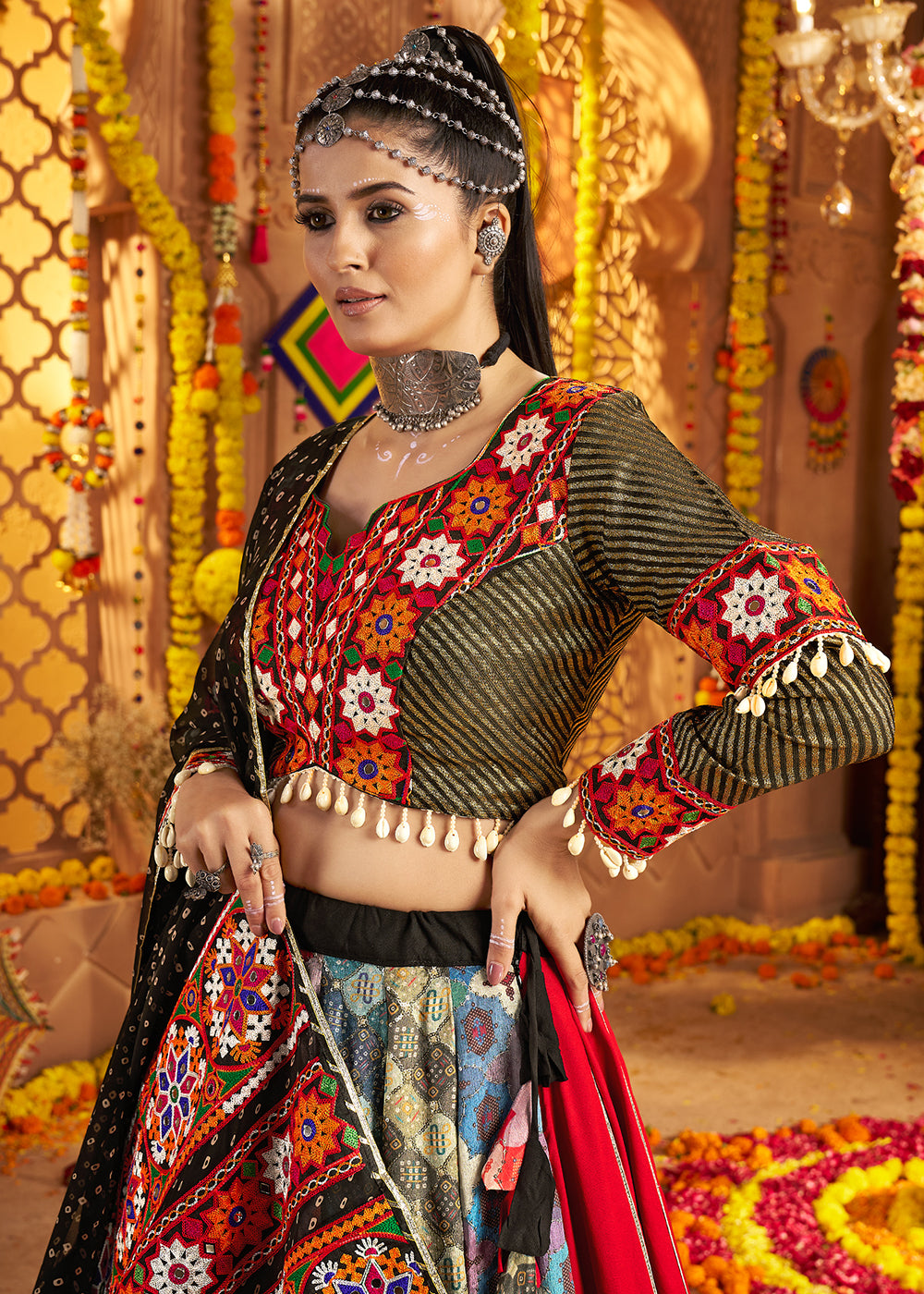 Buy Now Black Viscose Rayon Embroidered Navratri Chaniya Choli Online in US, UK, Canada, France, Germany, Italy, Singapore, UAE & Worldwide at Empress Clothing.