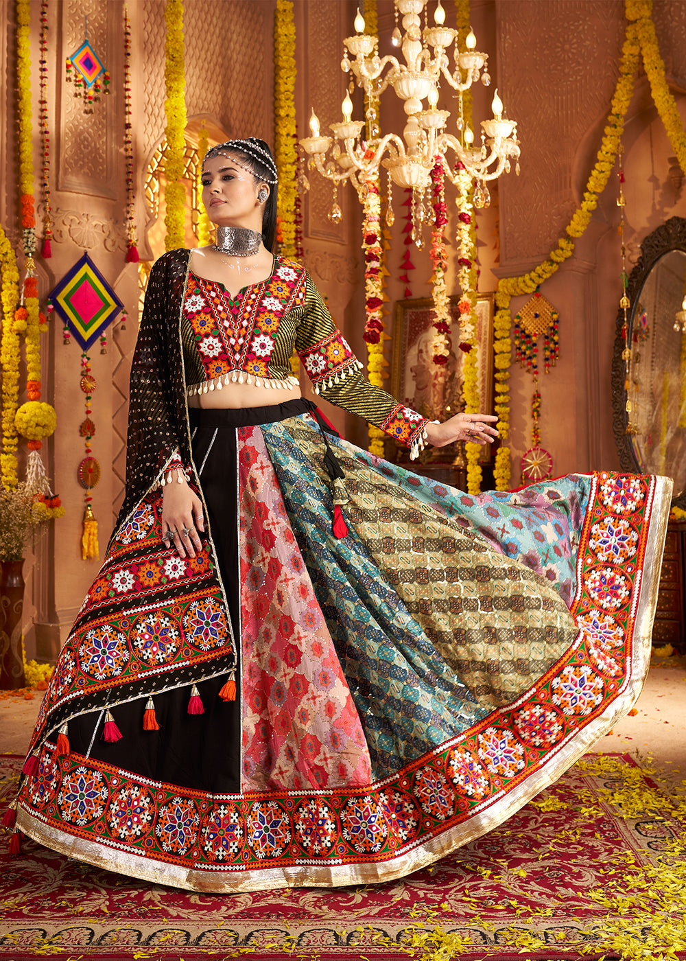 Buy Now Black Viscose Rayon Embroidered Navratri Chaniya Choli Online in US, UK, Canada, France, Germany, Italy, Singapore, UAE & Worldwide at Empress Clothing.