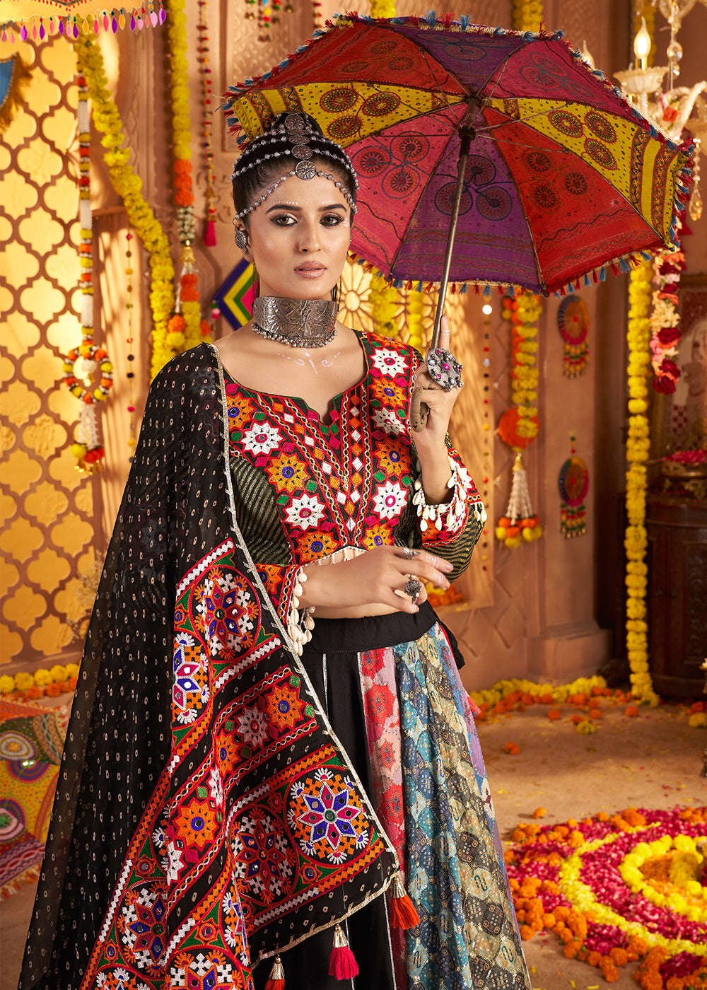 Buy Now Black Viscose Rayon Embroidered Navratri Chaniya Choli Online in US, UK, Canada, France, Germany, Italy, Singapore, UAE & Worldwide at Empress Clothing.