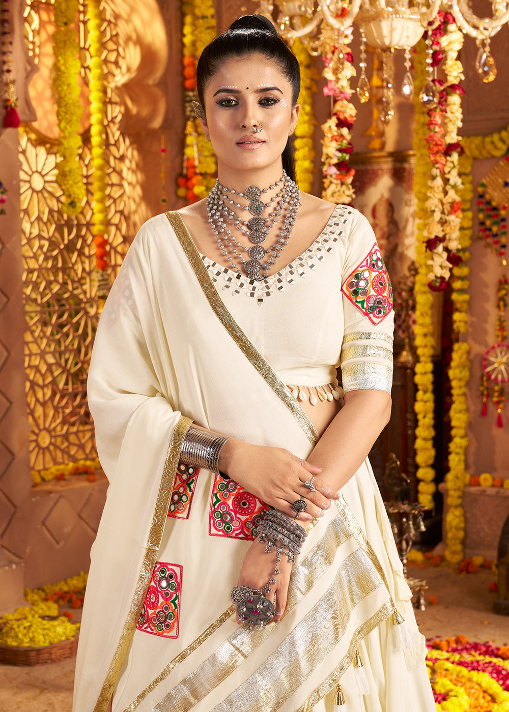 Buy Now White Viscose Rayon Embroidered Navratri Chaniya Choli Online in US, UK, Canada, France, Germany, Italy, Austria, UAE & Worldwide at Empress Clothing.