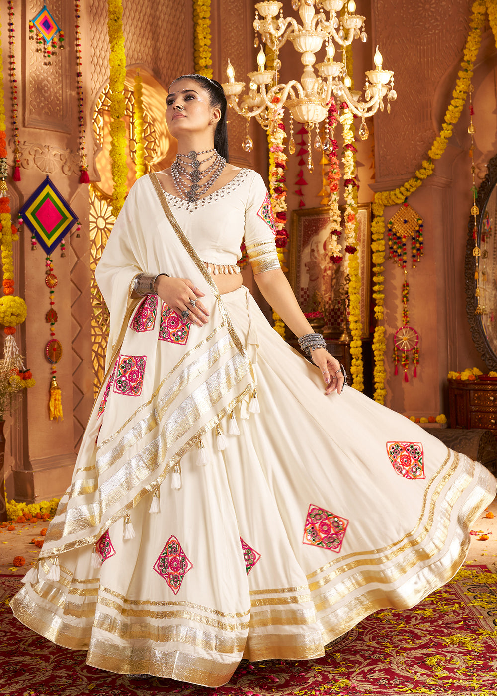 Buy Now White Viscose Rayon Embroidered Navratri Chaniya Choli Online in US, UK, Canada, France, Germany, Italy, Austria, UAE & Worldwide at Empress Clothing.