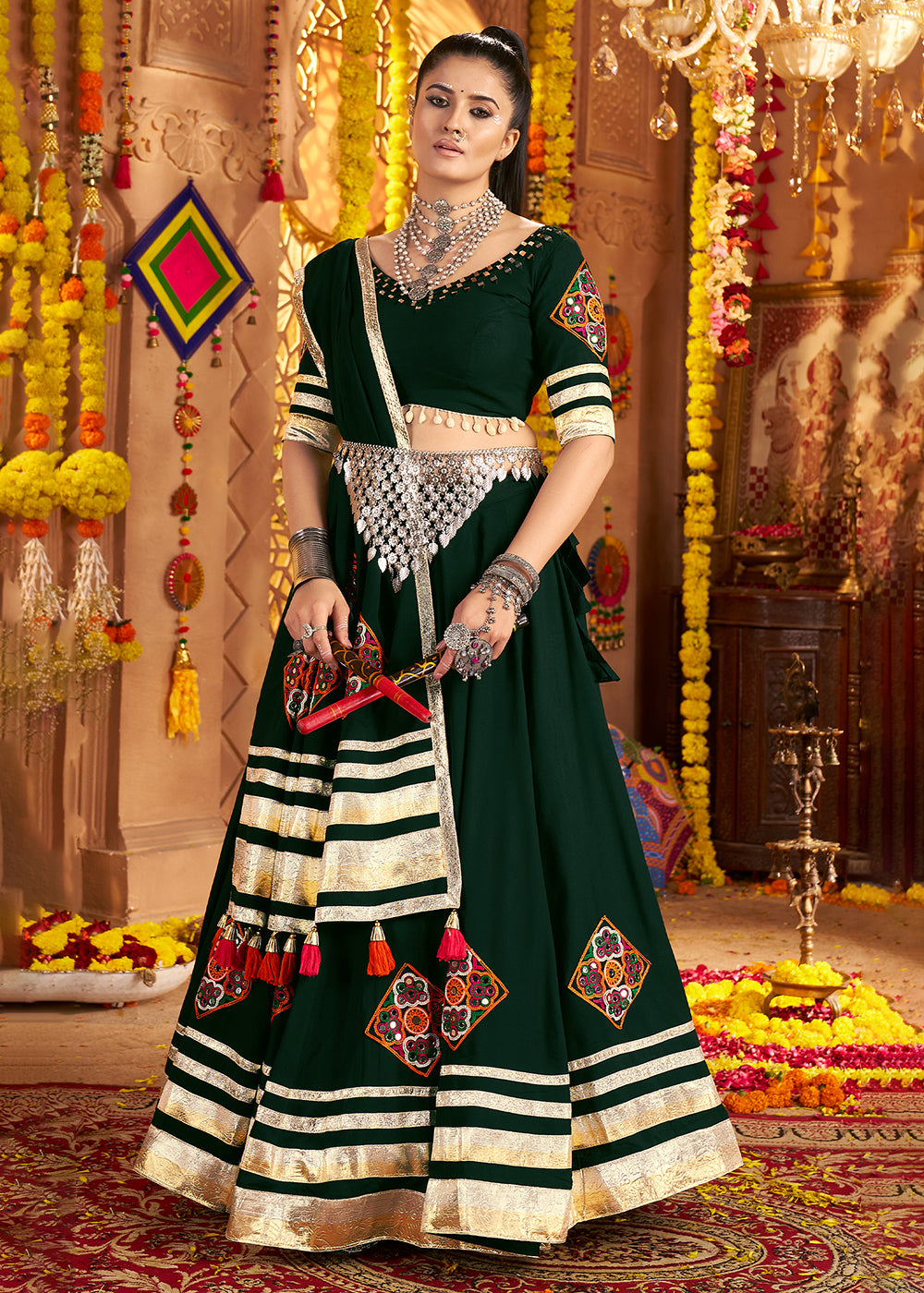 Buy Now Green Viscose Rayon Embroidered Navratri Chaniya Choli Online in US, UK, Canada, France, Germany, Italy, Austria, UAE & Worldwide at Empress Clothing.