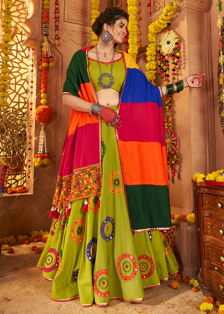 Buy Now Green Viscose Cotton Chaniya Choli for Navratri Festival Online in US, UK, Canada, France, Germany, Italy, Austria, UAE & Worldwide at Empress Clothing.