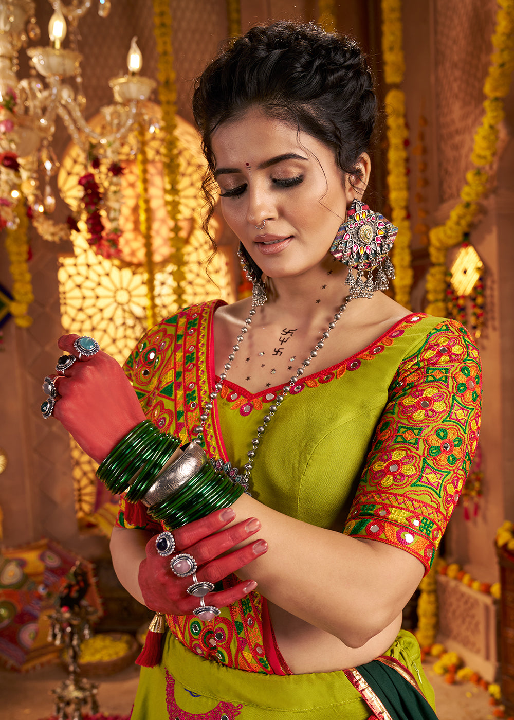 Buy Now Green Viscose Cotton Chaniya Choli for Navratri Festival Online in US, UK, Canada, France, Germany, Italy, Austria, UAE & Worldwide at Empress Clothing.