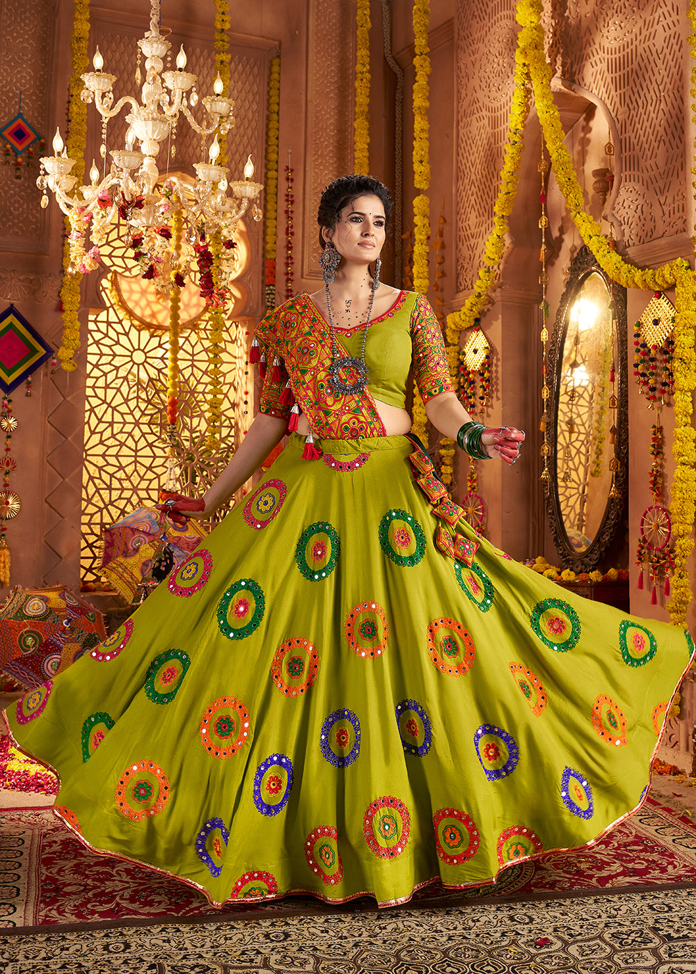 Buy Now Green Viscose Cotton Chaniya Choli for Navratri Festival Online in US, UK, Canada, France, Germany, Italy, Austria, UAE & Worldwide at Empress Clothing.