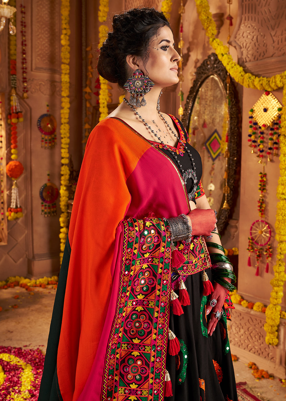 Buy Now Black Viscose Cotton Chaniya Choli for Navratri Festival Online in US, UK, Canada, France, Germany, Italy, Austria, UAE & Worldwide at Empress Clothing.