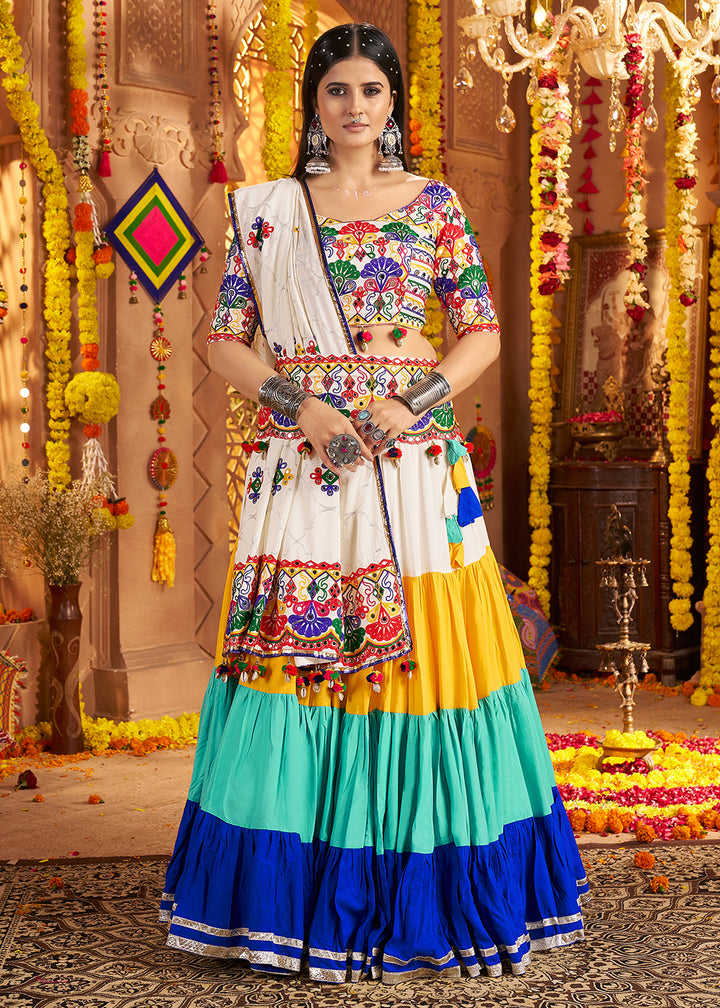 Buy Now Navratri Multicolor Multi Threads & Mirror Chaniya Choli Online in US, UK, Canada, France, Germany, Italy, Austria, UAE & Worldwide at Empress Clothing.