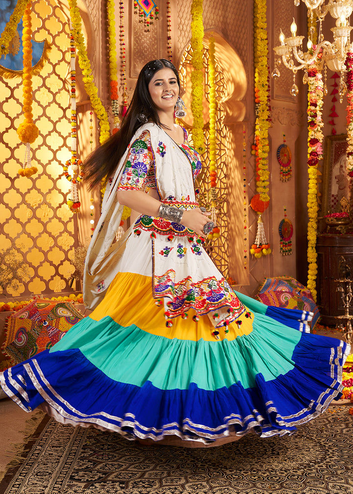Buy Now Navratri Multicolor Multi Threads & Mirror Chaniya Choli Online in US, UK, Canada, France, Germany, Italy, Austria, UAE & Worldwide at Empress Clothing.