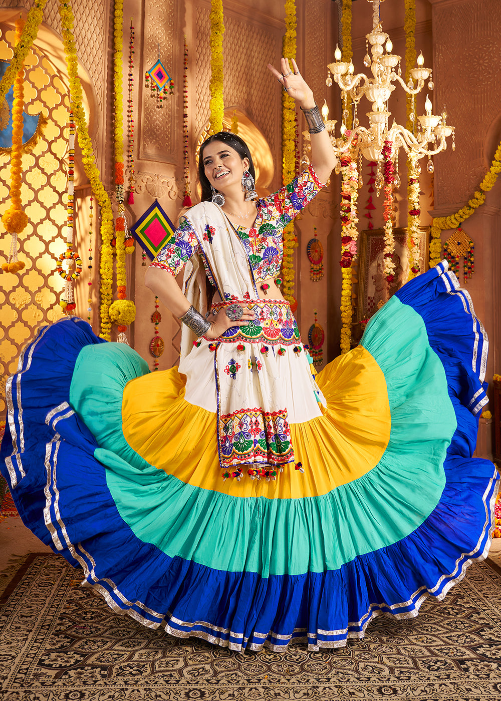 Buy Now Navratri Multicolor Multi Threads & Mirror Chaniya Choli Online in US, UK, Canada, France, Germany, Italy, Austria, UAE & Worldwide at Empress Clothing.