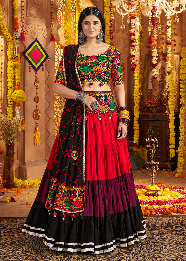 Buy Now Multicolor Navratri Multi Threads & Mirror Chaniya Choli Online in US, UK, Canada, France, Germany, Italy, Austria, UAE & Worldwide at Empress Clothing.