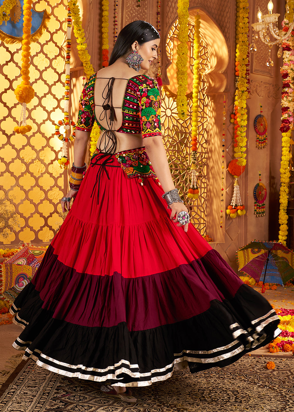 Buy Now Multicolor Navratri Multi Threads & Mirror Chaniya Choli Online in US, UK, Canada, France, Germany, Italy, Austria, UAE & Worldwide at Empress Clothing.