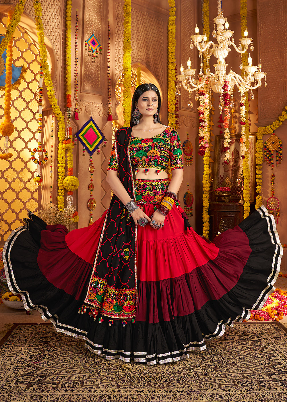 Buy Now Multicolor Navratri Multi Threads & Mirror Chaniya Choli Online in US, UK, Canada, France, Germany, Italy, Austria, UAE & Worldwide at Empress Clothing.