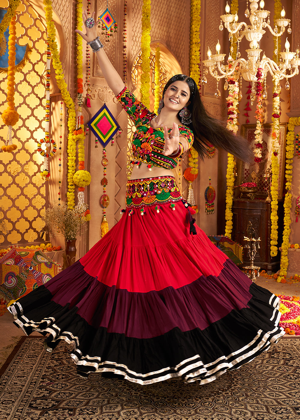 Buy Now Multicolor Navratri Multi Threads & Mirror Chaniya Choli Online in US, UK, Canada, France, Germany, Italy, Austria, UAE & Worldwide at Empress Clothing.