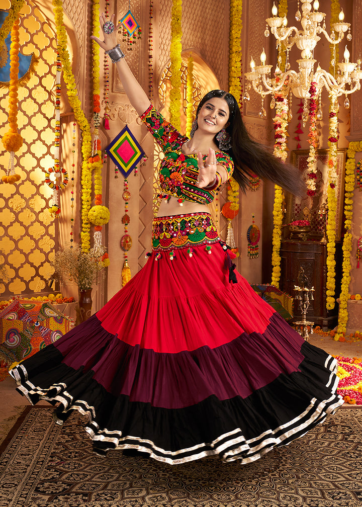 Buy Now Multicolor Navratri Multi Threads & Mirror Chaniya Choli Online in US, UK, Canada, France, Germany, Italy, Austria, UAE & Worldwide at Empress Clothing.