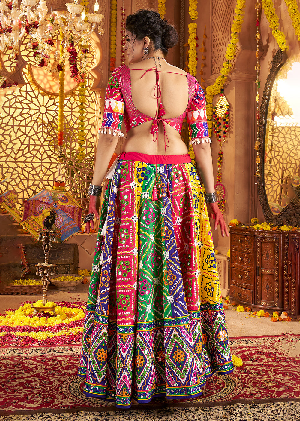 Buy Now Multicolor Organic Cotton Navratri Wear Chaniya Choli Online in US, UK, Canada, France, Germany, Italy, Singapore, UAE & Worldwide at Empress Clothing.