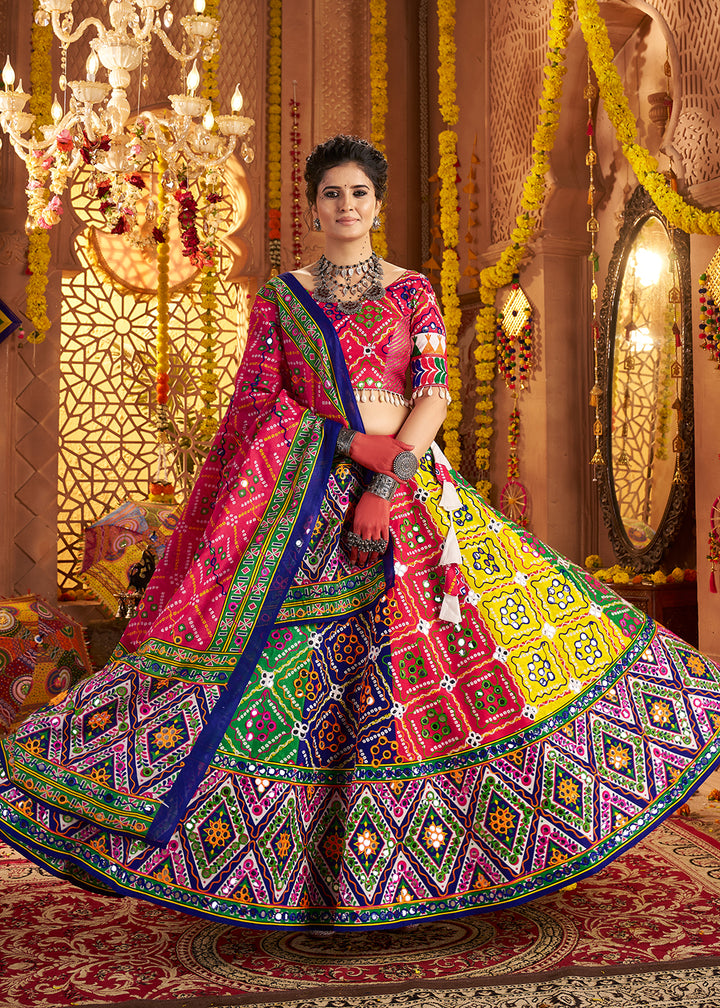 Buy Now Multicolor Organic Cotton Navratri Wear Chaniya Choli Online in US, UK, Canada, France, Germany, Italy, Singapore, UAE & Worldwide at Empress Clothing.