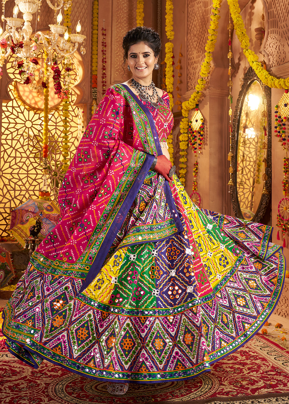 Buy Now Multicolor Organic Cotton Navratri Wear Chaniya Choli Online in US, UK, Canada, France, Germany, Italy, Singapore, UAE & Worldwide at Empress Clothing.